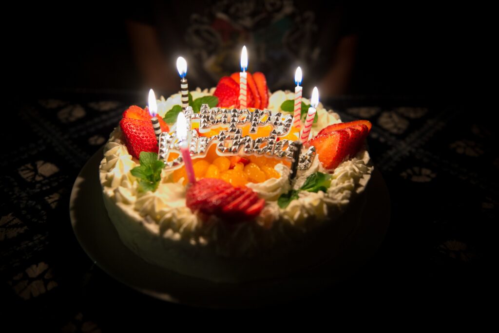 Home Baked Birthday Cake and Candles in the Dark